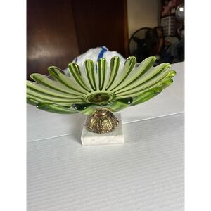 Vintage green Glass Bowl Vase on Marble Stand
